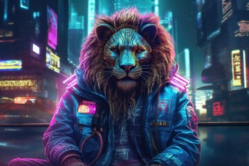 Wall Mural - portrait of lion in cyberpunk clothes