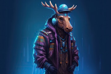 Wall Mural - portrait of moose in cyberpunk clothes