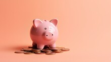 Pink Piggy Bank On Coins On A Pink Background.