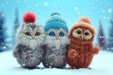 Poster - cute kittens with little owl in hat