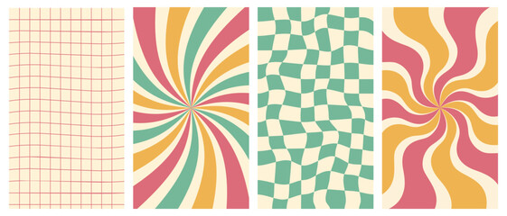 Wall Mural - Groovy hippie 70s vector backgrounds set. Chessboard and twisted patterns. Backgrounds in trendy retro trippy style.Twisted and distorted vector texture in trendy retro psychedelic style.