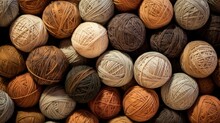 Autumn Colors Yarn Balls Background, Web Banner. Many Earthy Tones Yarn Threads For Knitting Craft Background
