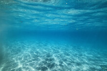 Underwater Photo Blue Background Panorama Ocean Surface And Bottom Of The Sea