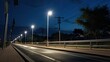 Solar-powered streetlights lining a pathway, capturing the application of solar tech in public spaces