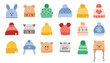Kids winter knitting headwear set. Children autumn hats collection. Cute cartoon vector illustration.