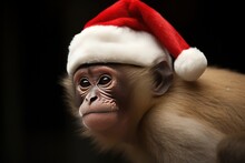 Monkey In A Santa Claus Hat On His Head. Chinese Calendar. Year Of The Monkey, Merry Christmas. New Year 2024. Greeting Card. Happy New Year. New Year 's Macaque. High Quality Photo