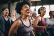 A curly black Woman is happy and screaming in a dance fitness lesson class with friends, having fun enjoying, and celebrating