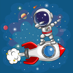 Wall Mural - cartoon dancing astronaut on the rocket on a space background