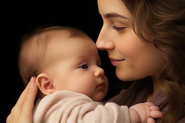 Wall Mural - Portrait of a mother hugging and kissing a newborn baby