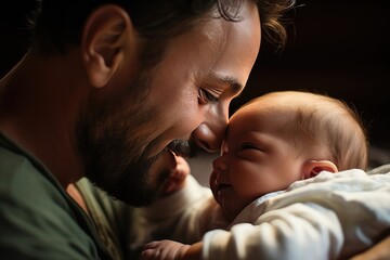 Wall Mural - Portrait of a father hugging and kissing a newborn baby.