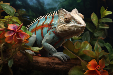 Wall Mural - Image of a chameleon and beautiful flowers, Reptile, Wildlife Animals., Generative AI, Illustration.