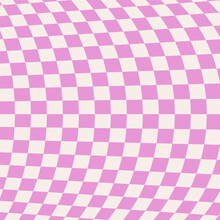 Purple Distorted Checkerboard Background. Retro Psychedelic Checkered Wallpaper. Wavy Groovy Chessboard Surface. Trippy Twisted Geometric Pattern. Abstract Vector Backdrop