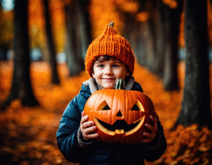 Halloween. Child with a pumpkin. AI illustration