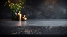 An Empty Dark Marble Table For Product Display In A Modern Kitchen, With A Blurred Background, Exuding An Elegant Ambiance.Mockup