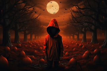 Halloween background - magical forest with lanterns and bats, glowing pumpkins, full moon, cemetery, haunted houses, fog