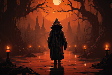 Halloween background - magical forest with lanterns and bats, glowing pumpkins, full moon, cemetery, haunted houses, fog