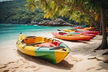 Colorful Kayaks On The Sandy Beach Of A Tropical Island.