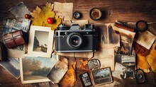 Old Vintage Photos Of Past Autumns Surrounded By Memorabilia On A Weathered Wooden Surface