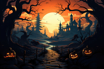 Wall Mural - Halloween background - magical forest with lanterns and bats, glowing pumpkins, full moon, cemetery, haunted houses, fog