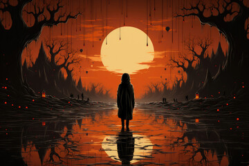 Halloween background - magical forest with lanterns and bats, glowing pumpkins, full moon, cemetery, haunted houses, fog