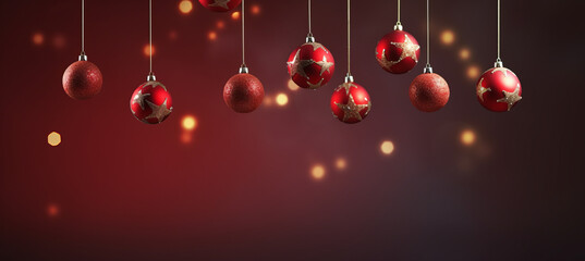 Wall Mural - Banner with christmas baubles, stars on dark red background