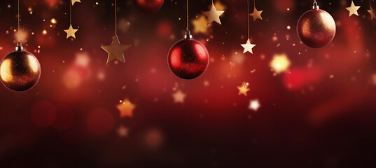 Wall Mural - Banner with christmas baubles, stars on dark red background