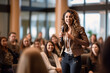 © David - Empowered woman giving a speech to a female audience with professionalism and leadership