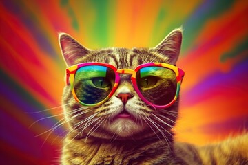 Generative Al of fantasy character with cat wearing colorful clothes and sunglasses dancing, Happy cat animal 