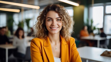 Wall Mural - beautiful happy woman in yellow jacket