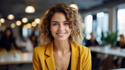 Wall Mural - beautiful happy woman in yellow jacket