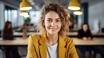 Wall Mural - beautiful happy woman in yellow jacket