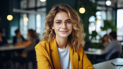 Wall Mural - beautiful happy woman in yellow jacket