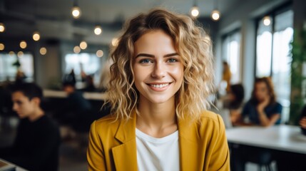 Wall Mural - beautiful happy woman in yellow jacket