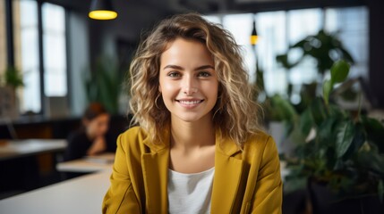 Wall Mural - beautiful happy woman in yellow jacket