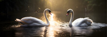 Two White Swans In Romantic Love At Lake