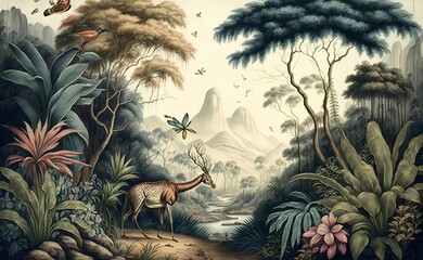  Jungle wallpaper, tropical forests with valleys, deer, colorful birds and butterflies in a vintage landscape drawing, Generative AI