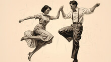 Artistic Black And White Illustration Of A Lindy Hop Dancing Couple In A Retro Outfit