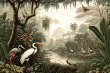 Wallpaper Jungle Tropical Forest Palm Tropical Birds Egrets Wild Rivers Ancient Water Vintage Painting Old Stil, Generative AI