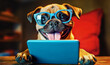 Funny mascot with googles in front of a digital device. Puppy dog wearing blue rim glasses in front of a laptop. Generative Ai