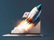 © nabeelbaigart - Launching Space Rocket From Laptop Screen. Generative AI