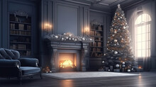 Cozy Living Room With Fireplace And Christmas Tree. Generative Ai