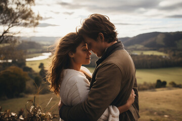 a couple sharing a warm embrace amidst a serene countryside landscape, symbolizing the love and crea
