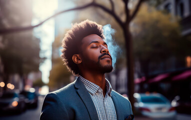 Business man breathing deep in the city. Black man taking a moment to relax.