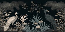 Wallpaper Jungle And Leaves Tropical Forest Peacock And Forest Birds, Old Drawing Vintage Black Mod, Generative AI
