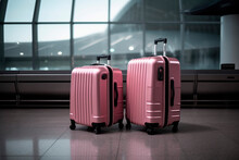 Generative Ai Photo Of Two Suitcases Standing Alone At The Airport, Concept Of Travelling