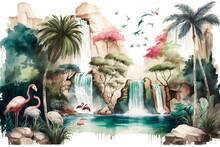 Watercolor Drawing Of A Natural Landscape Of A Waterfall With Trees, Palms And Birds In Their Beautiful Colors With Flamingos, Parrots And Sparrows, Generative AI