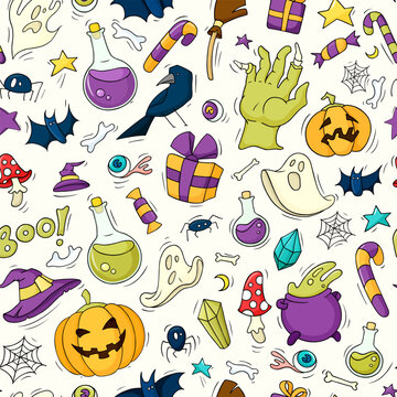 Wall Mural -  - Halloween seamless pattern with pumpkins, ghosts