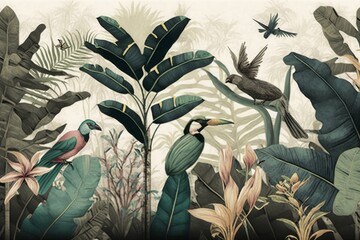 Wall Mural - wallpaper palm tropical forest vintage jungle pattern with birds, Generative AI