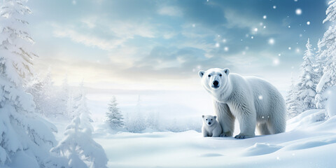 cute polar bears in a snowy scene, with an area for your seasonal message.