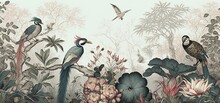 Wallpaper Jungle Pattern And Tropical Forest Banana Palm And Tropical Birds Peacock Birds Old Drawing Vintage Sky, Generative AI